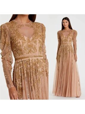 Mac Duggal NEW Beaded Illusion Puff‎ Sleeve Gown Size Nude Gold $598 - Size 20